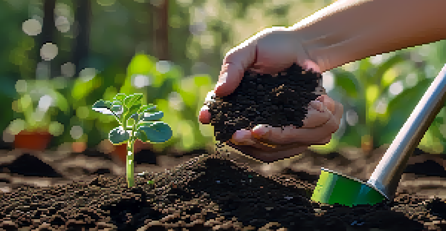 Close-up of hands planting seeds in dark soil with a compost pile and green seedlings nearby, illuminated by soft morning light.