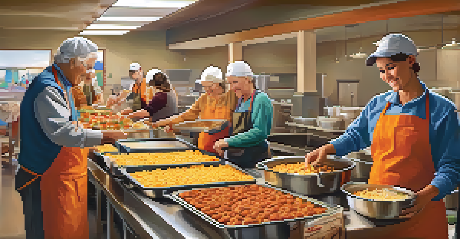Volunteers preparing Thanksgiving meals in a cozy shelter, surrounded by autumn decorations and boxes of food, showcasing a spirit of community and generosity.