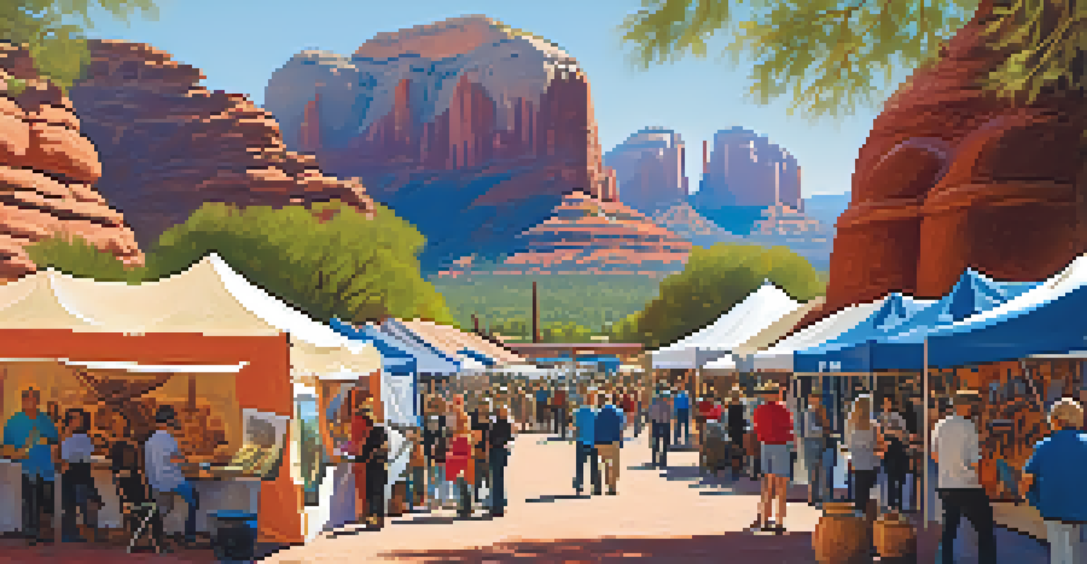 An art festival in Sedona featuring artists and colorful sculptures with red rock formations in the background.