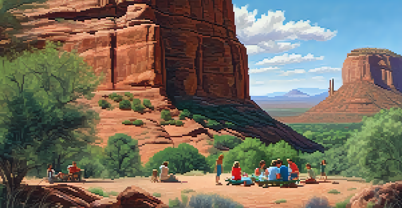 A family has a picnic at Bell Rock, with children exploring the area and the bell-shaped formation rising majestically in the background.