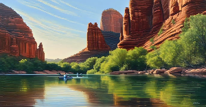 A kayaker paddling on the Verde River with red rock formations and lush greenery around, under a golden sunset.