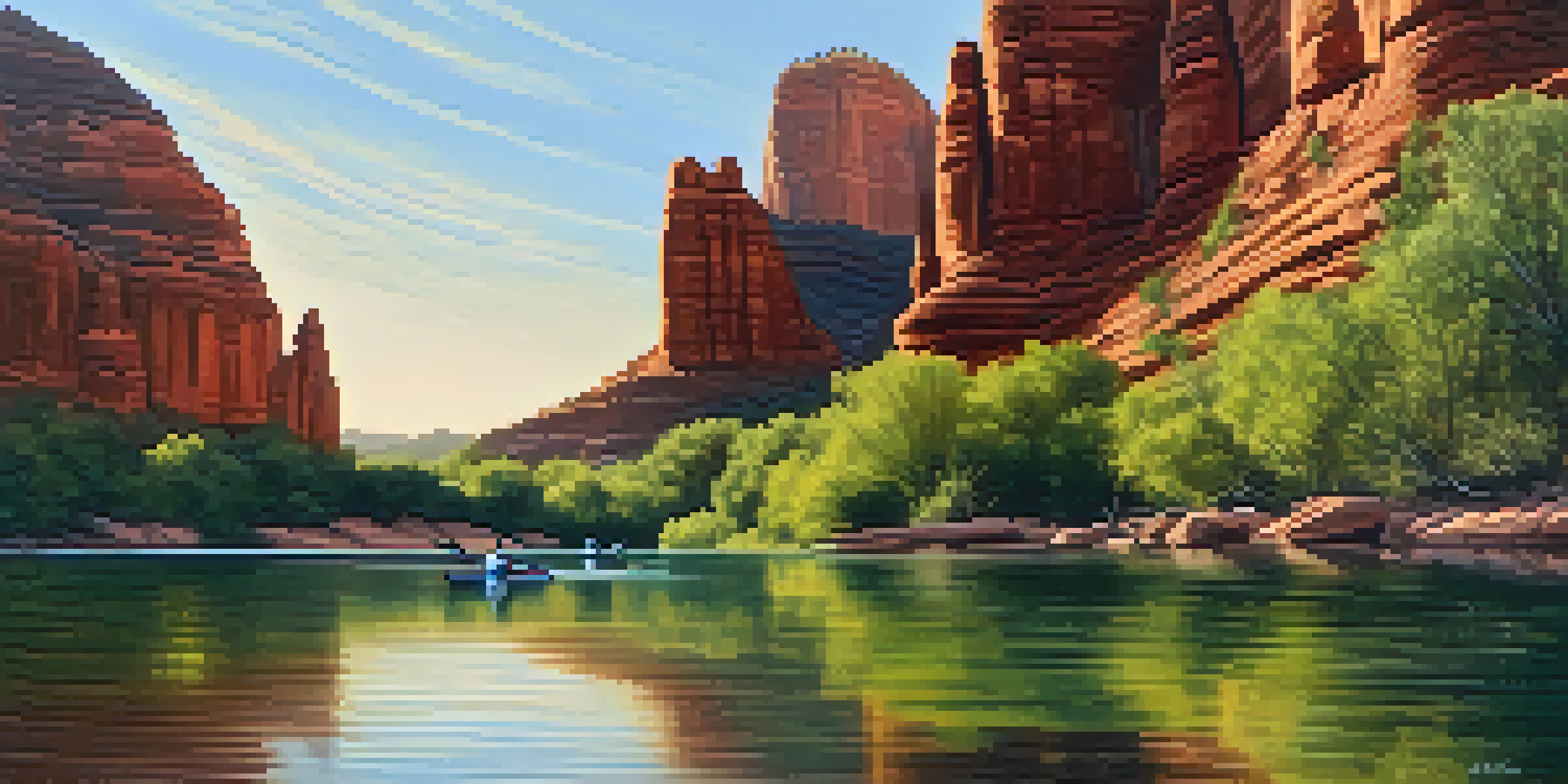 A kayaker paddling on the Verde River with red rock formations and lush greenery around, under a golden sunset.