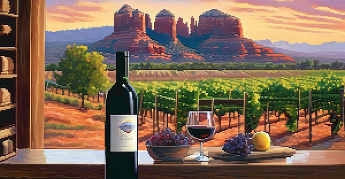A scenic sunset view of Sedona's vineyards with red rock formations, a wooden table with wine glasses and a bottle in the foreground.