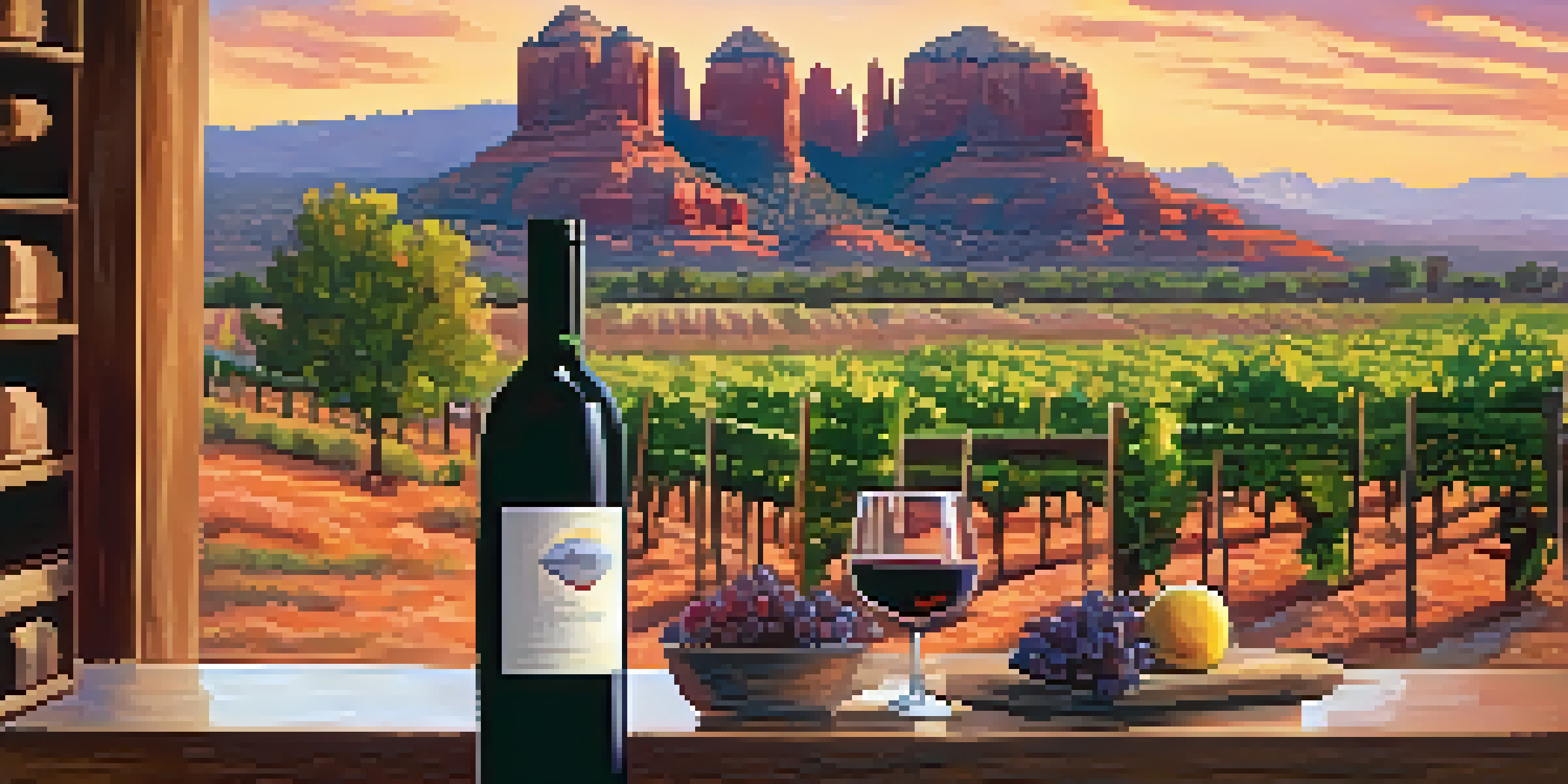 A scenic sunset view of Sedona's vineyards with red rock formations, a wooden table with wine glasses and a bottle in the foreground.