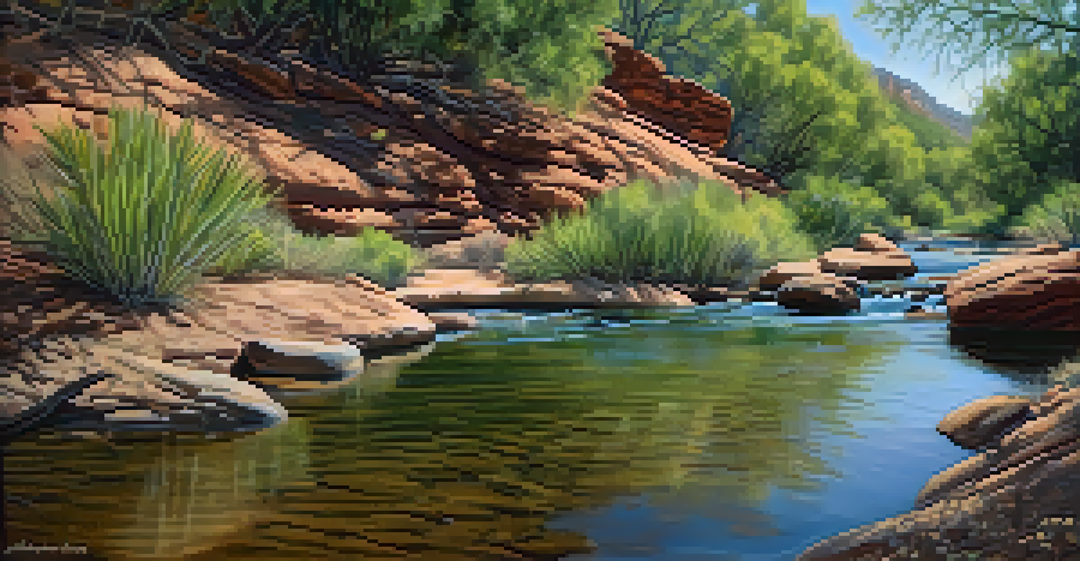 A Gopher Snake slithering through lush vegetation near water in a riparian habitat in Sedona.