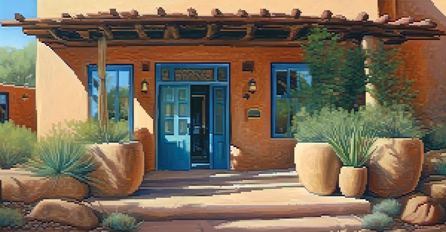 The adobe facade of El Portal Sedona Hotel with southwestern decor and native plants.