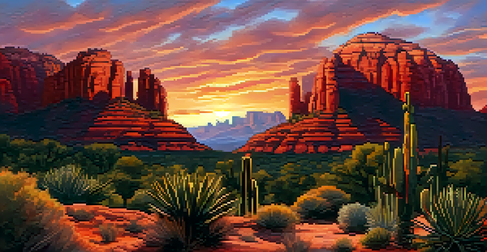 A breathtaking sunset over Sedona's red rocks, with vibrant orange and pink skies and silhouettes of cacti in the foreground.