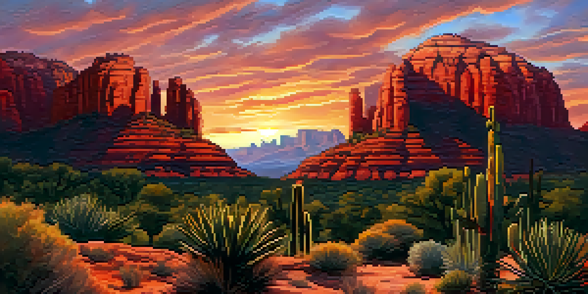 A breathtaking sunset over Sedona's red rocks, with vibrant orange and pink skies and silhouettes of cacti in the foreground.