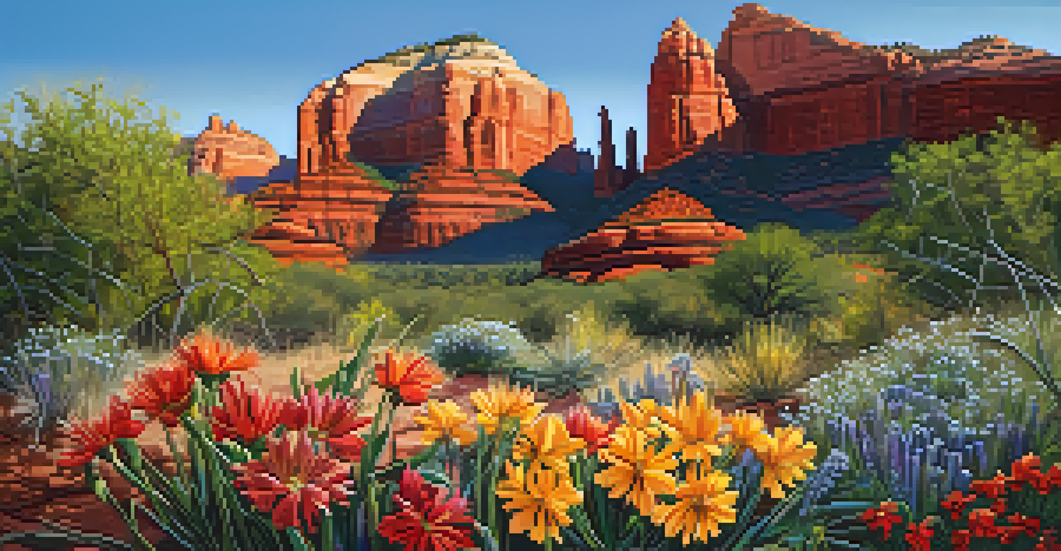 Close-up of colorful wildflowers blooming in Sedona with red rock cliffs in the background.