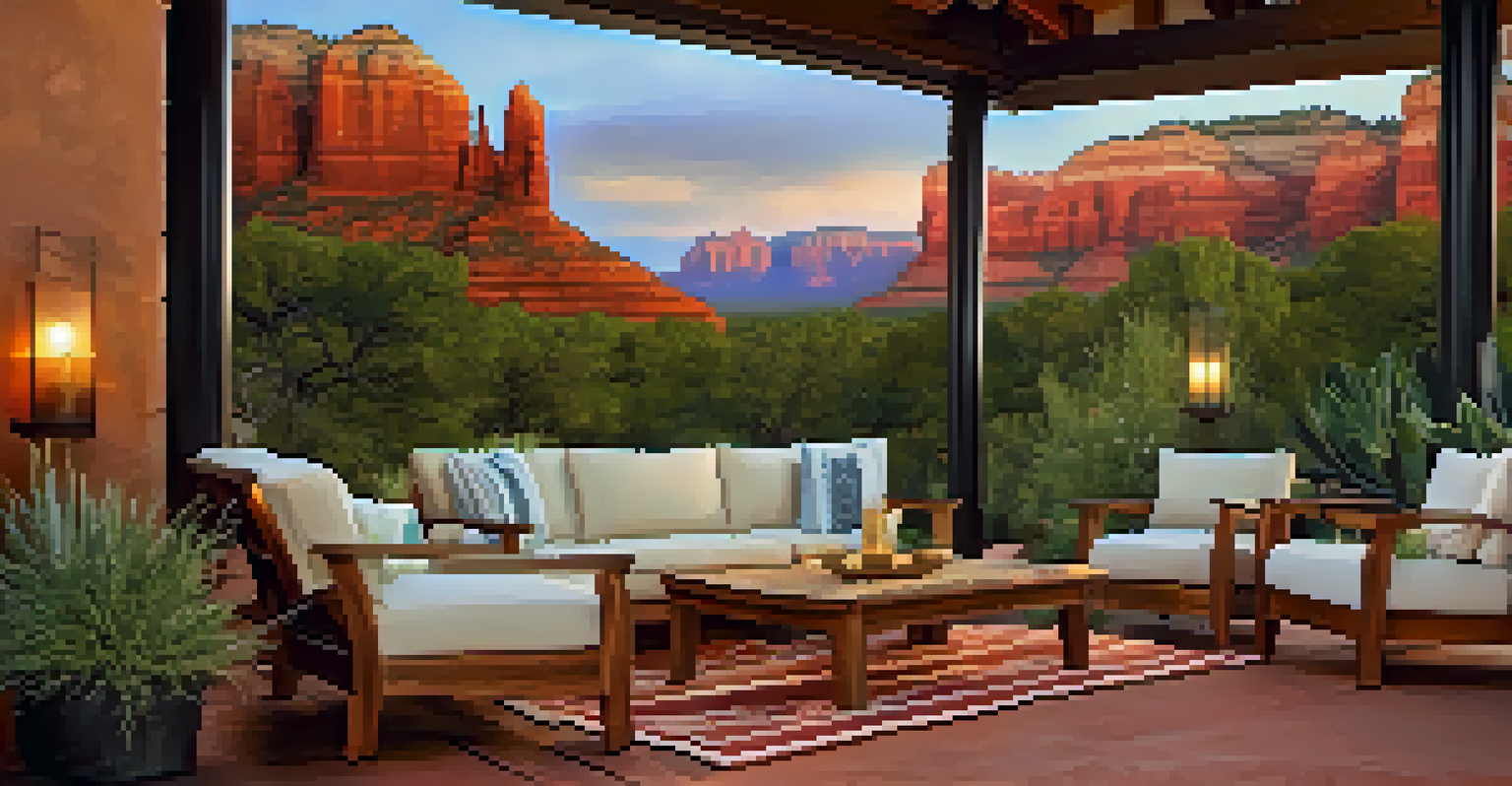 An outdoor deck in Sedona with seating and plants, set against a backdrop of red rocks and a sunset sky.