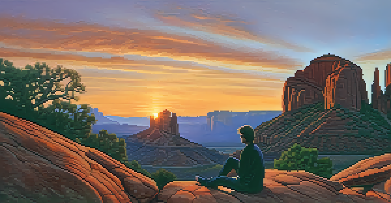 A person meditating at Cathedral Rock during a vibrant sunset, with colorful skies and rock formations in the background.