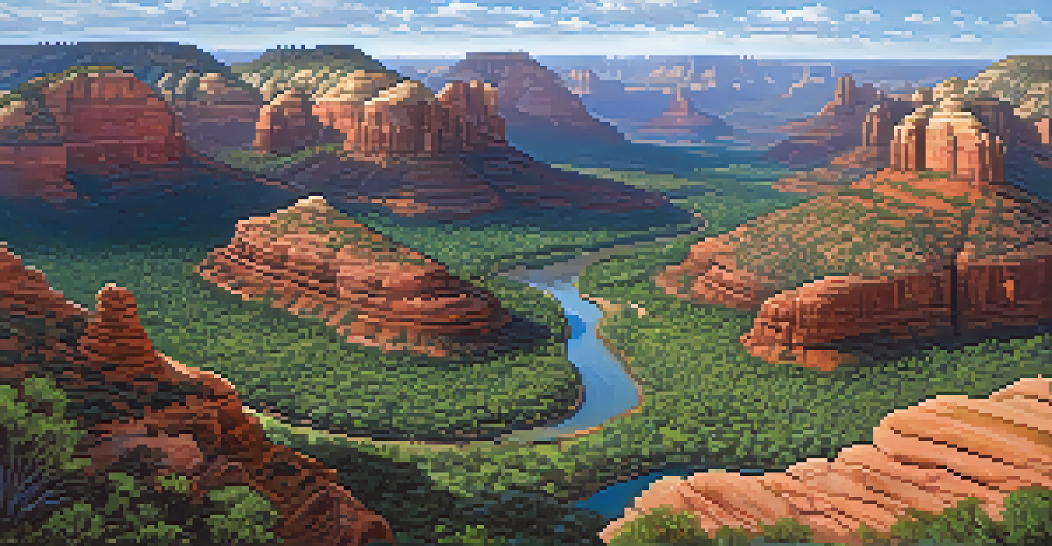 Aerial view of Sedona displaying red rock cliffs and green valleys under a blue sky with clouds.