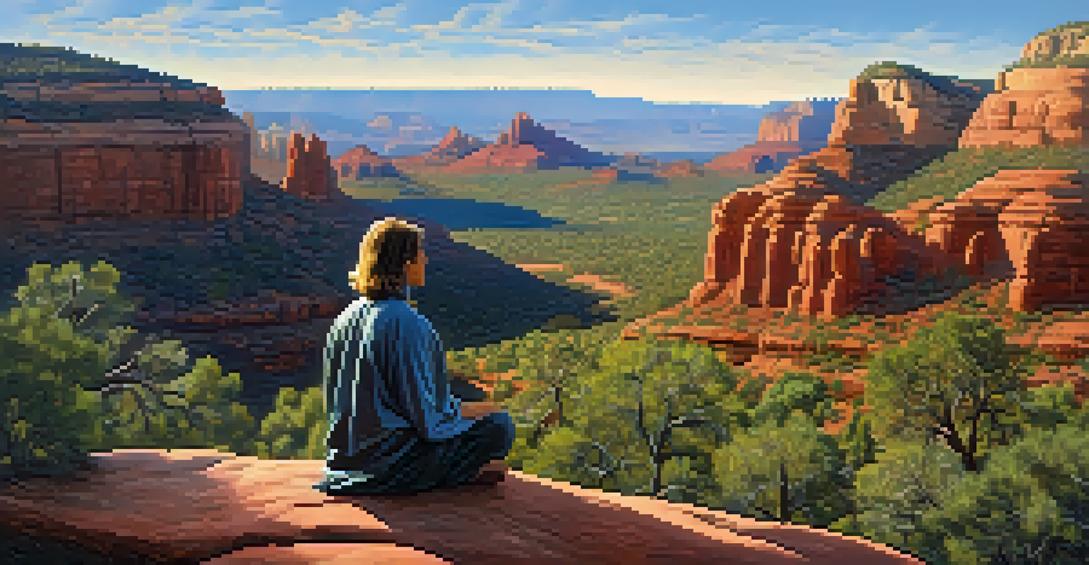 A yogi meditating on a rock in Sedona, surrounded by breathtaking natural scenery and soft morning light.