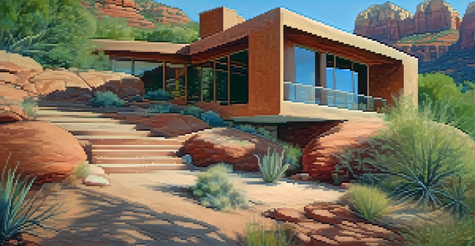 A modern eco-friendly home made of red rock and adobe in Sedona, surrounded by greenery and desert plants under a blue sky.