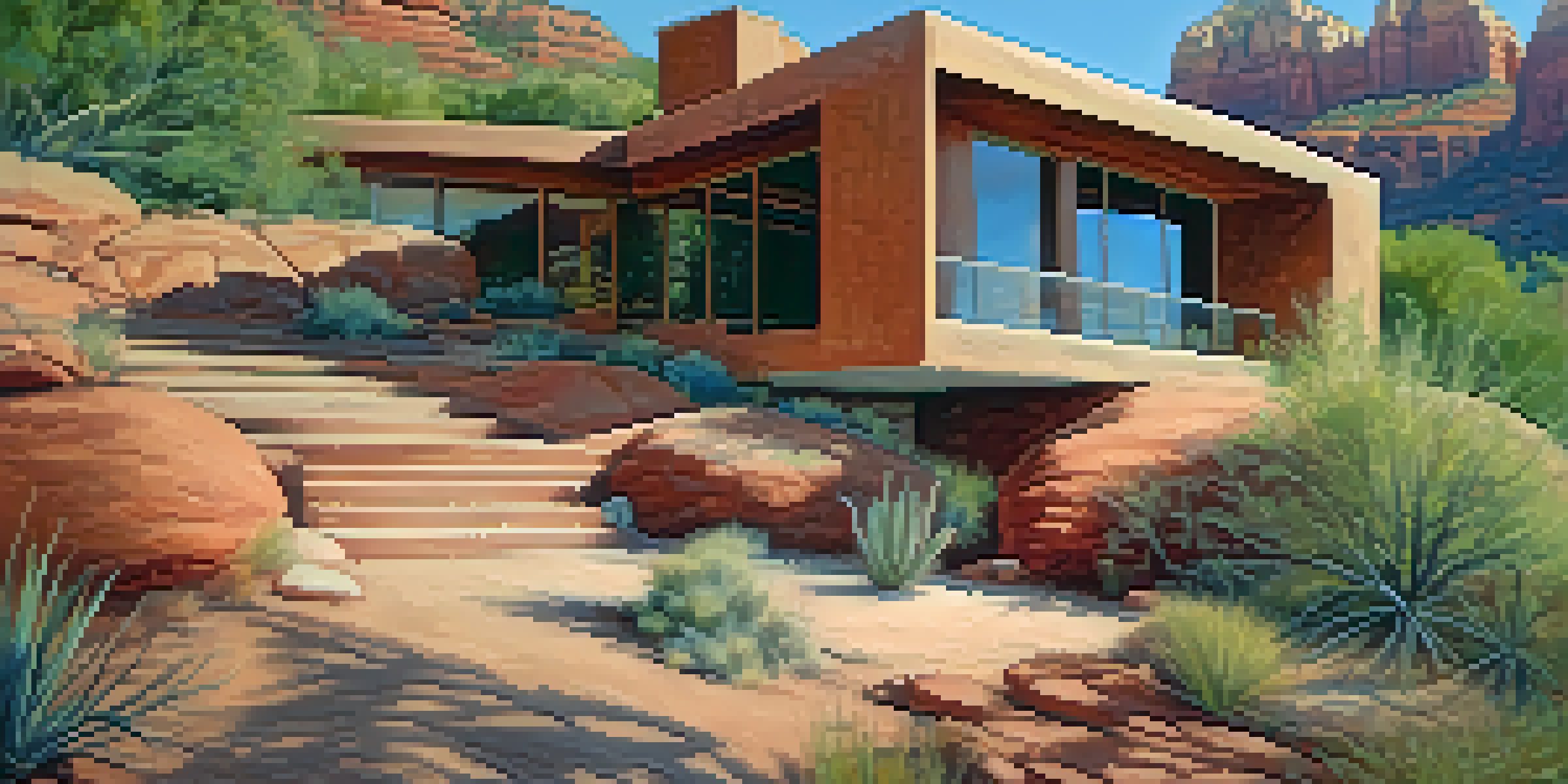 A modern eco-friendly home made of red rock and adobe in Sedona, surrounded by greenery and desert plants under a blue sky.