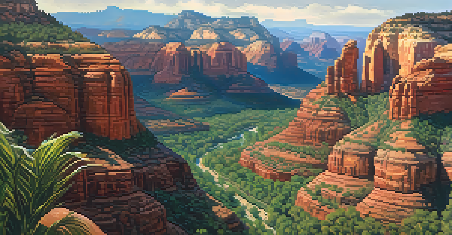 An aerial view of Sedona's canyons and red rocks, with small figures of treasure hunters exploring the landscape.