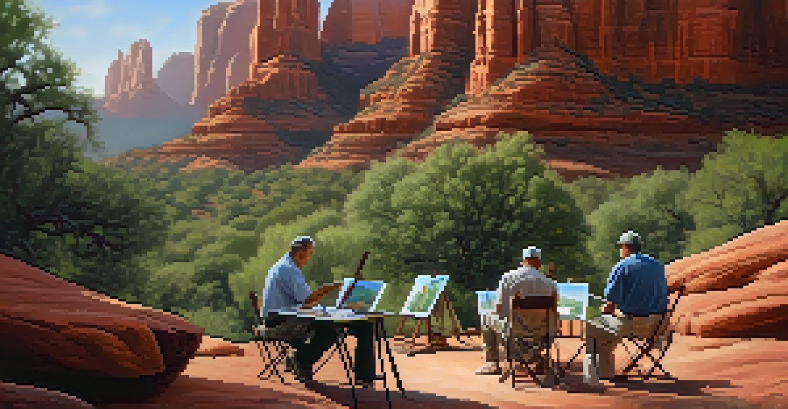 Artists painting in a serene outdoor retreat in Sedona, surrounded by greenery and red rock cliffs with soft morning light.