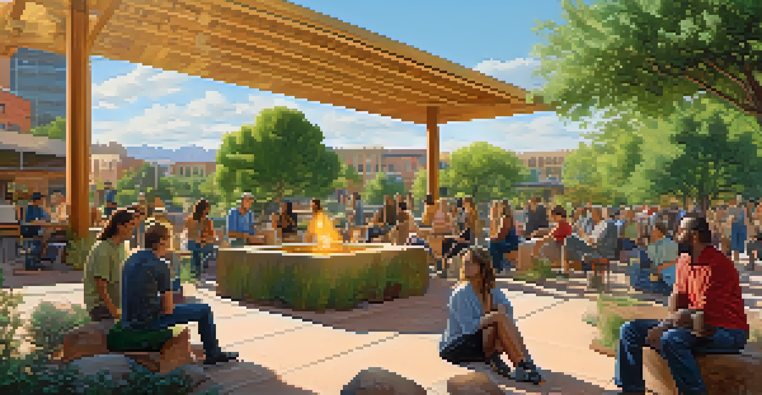 A community gathering in Sedona, showcasing eco-friendly architecture and public art.