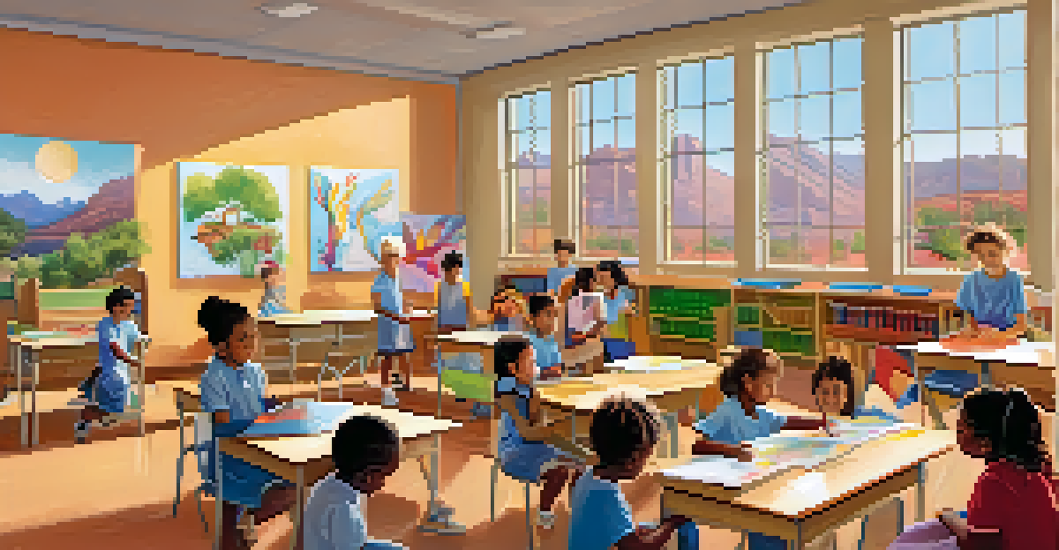 Volunteers tutoring local children in a colorful classroom in Sedona, filled with educational materials and bright natural light.