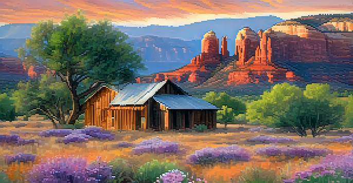 A stunning sunset view of Sedona's red rock formations with a rustic homestead in the foreground.