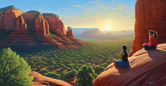 A scenic landscape of red rock formations in Sedona with people meditating on a rock during sunset.