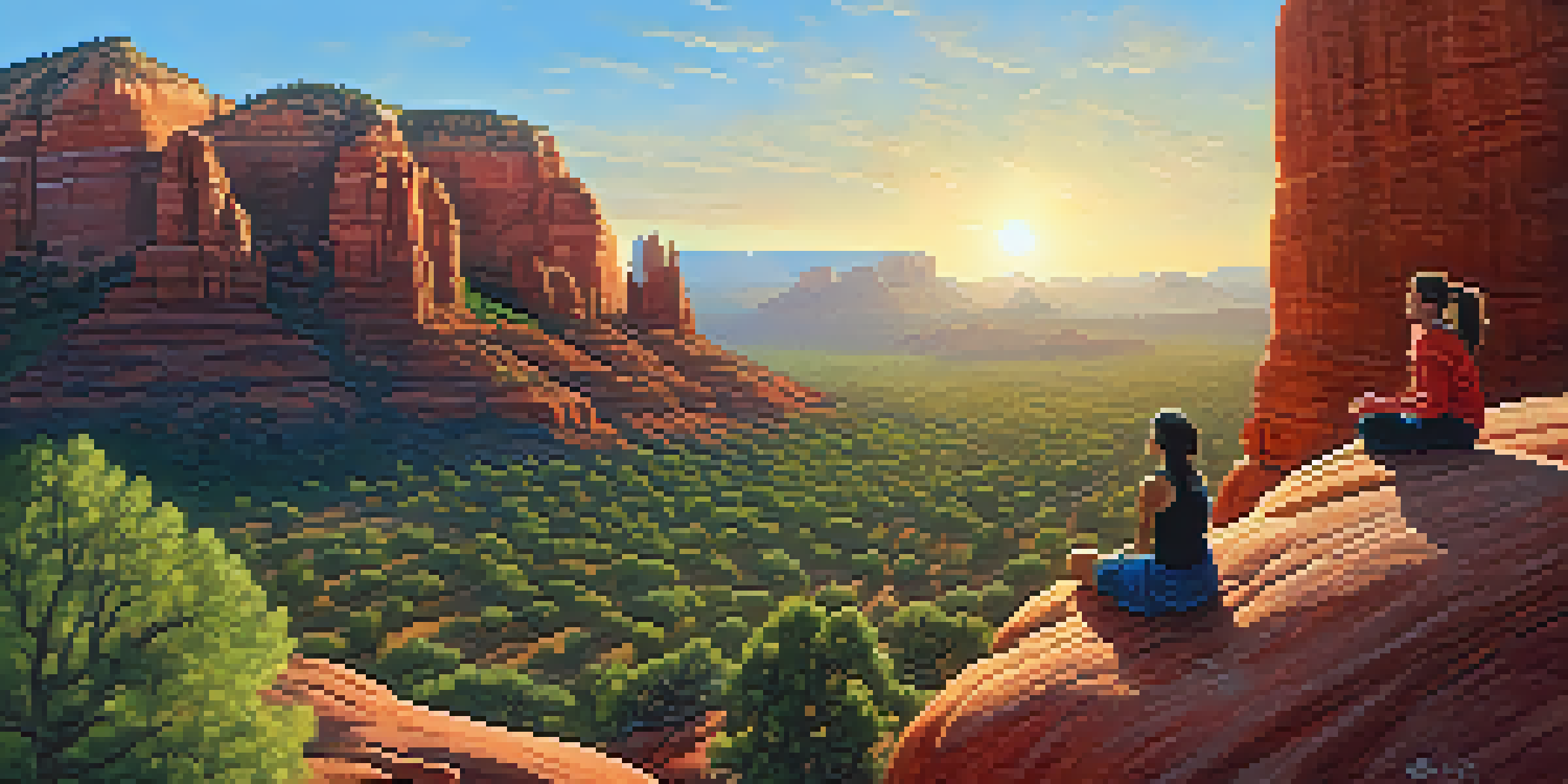 A scenic landscape of red rock formations in Sedona with people meditating on a rock during sunset.