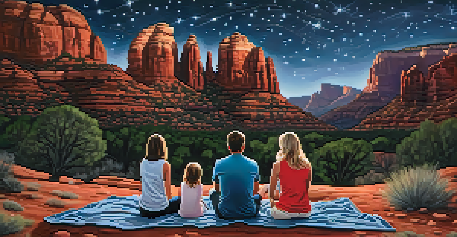 A family lying on a blanket, stargazing under a clear night sky filled with stars, with red rock formations in the background.