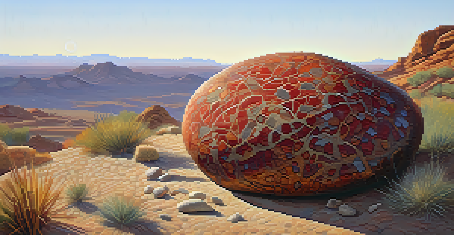 A close-up of the Cursed Stone, highlighting its texture and colors, surrounded by desert vegetation and pebbles in soft morning light.