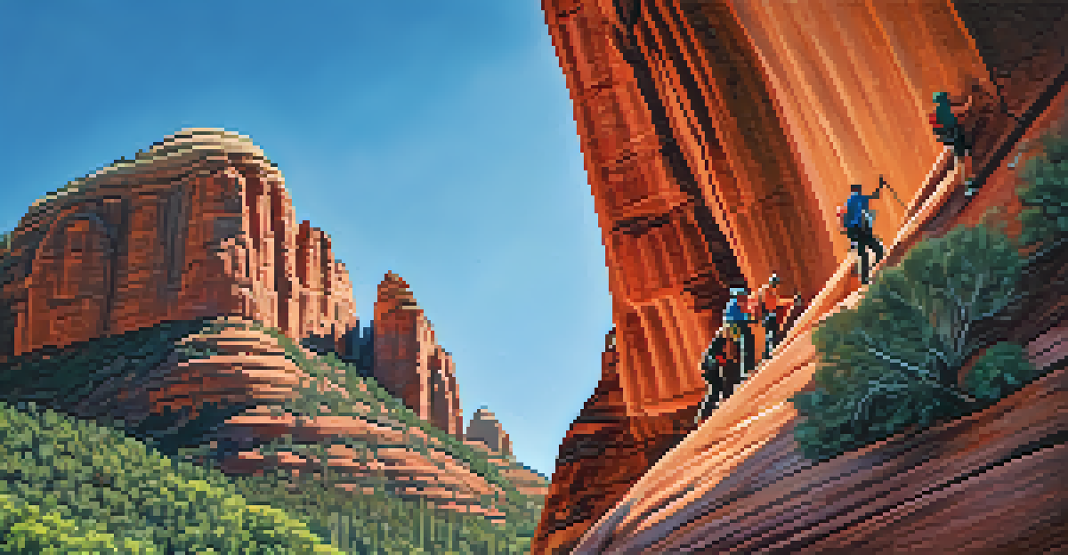 Climbers in colorful gear ascending the steep surface of Bell Rock, with the sun casting shadows on the red rock face.