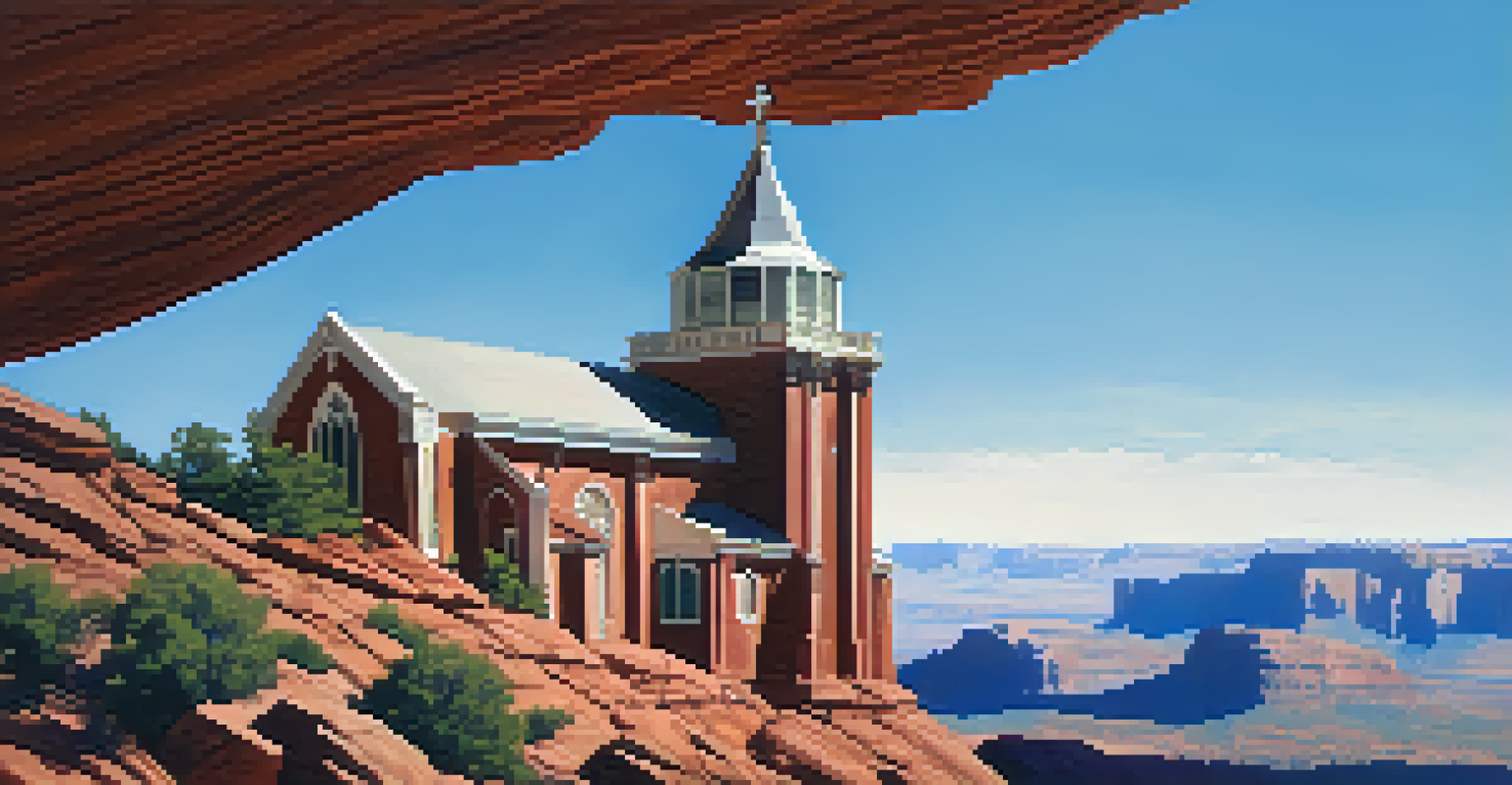 The Chapel of the Holy Cross on a red rock cliff, surrounded by dramatic rock formations and a clear blue sky, with visitors admiring the views.