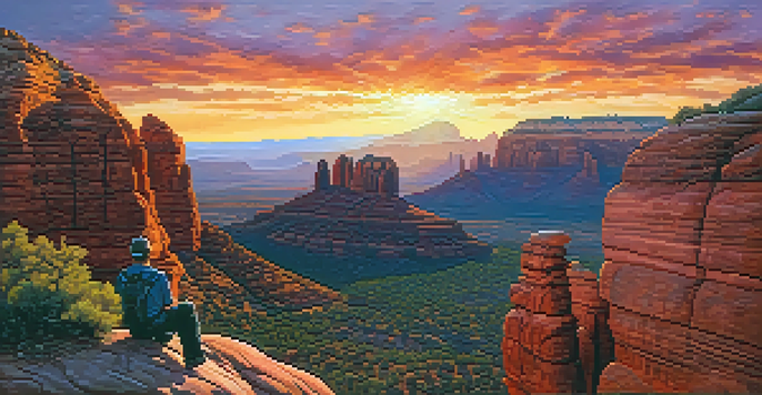 A silhouette of a photographer on a cliff, capturing a vibrant sunset over red rock formations in Sedona.