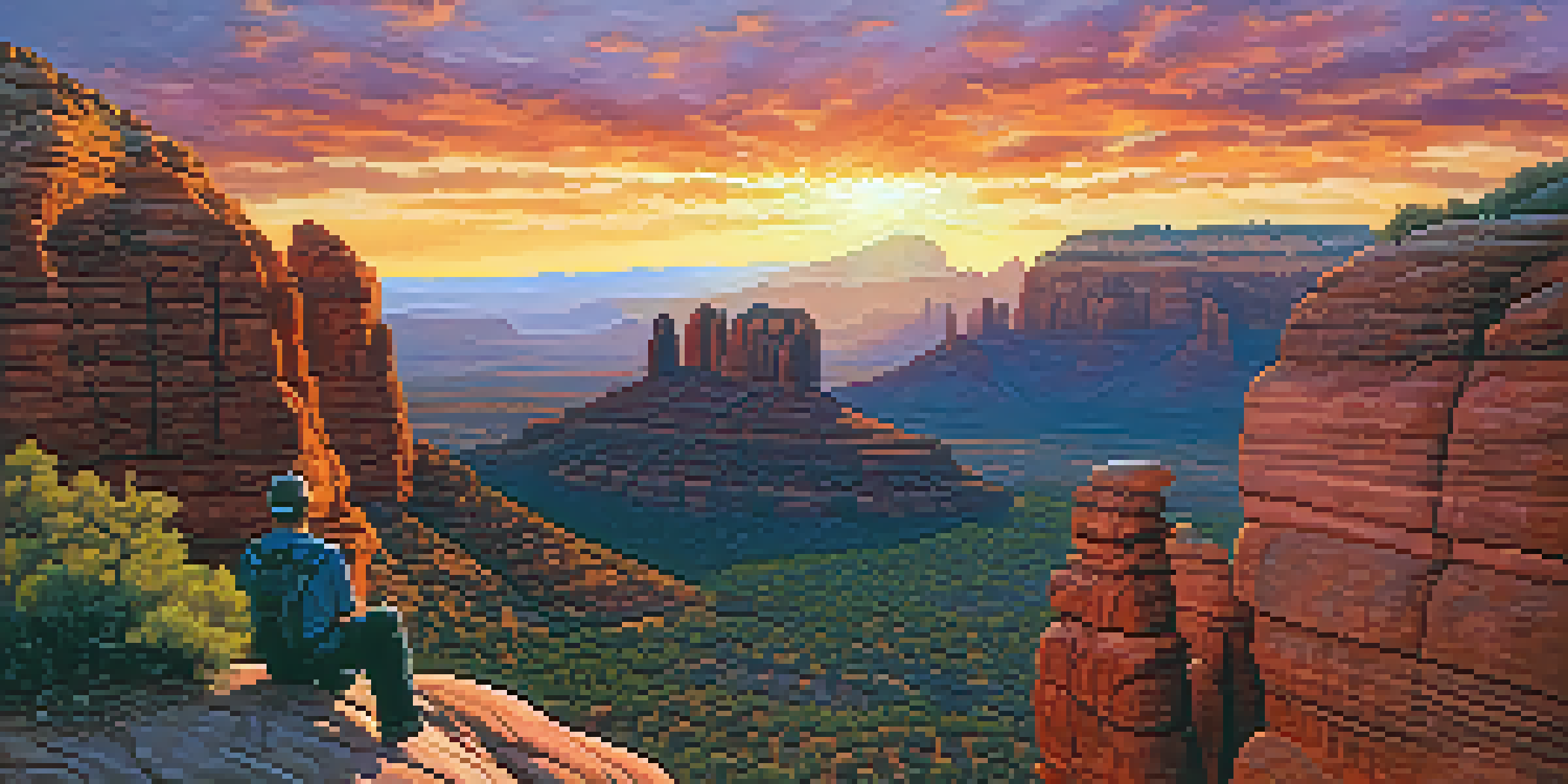 A silhouette of a photographer on a cliff, capturing a vibrant sunset over red rock formations in Sedona.