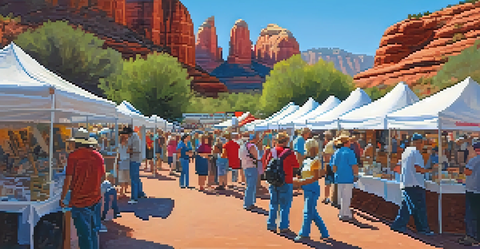 An outdoor arts festival in Sedona, featuring artists at their booths with colorful artworks and red rock formations in the background.