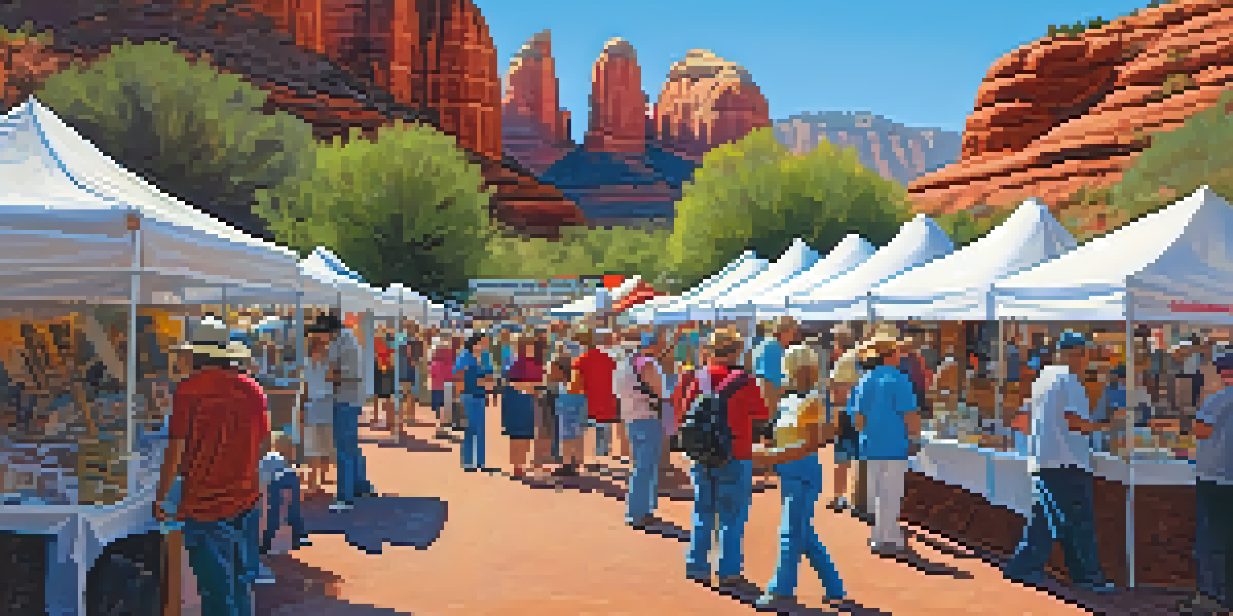 An outdoor arts festival in Sedona, featuring artists at their booths with colorful artworks and red rock formations in the background.