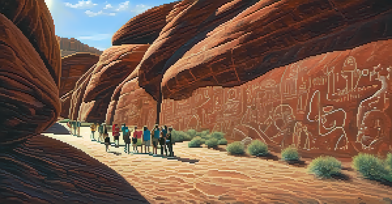Close-up of ancient petroglyphs on red rock with sunlight casting shadows, tourists observing and taking notes.