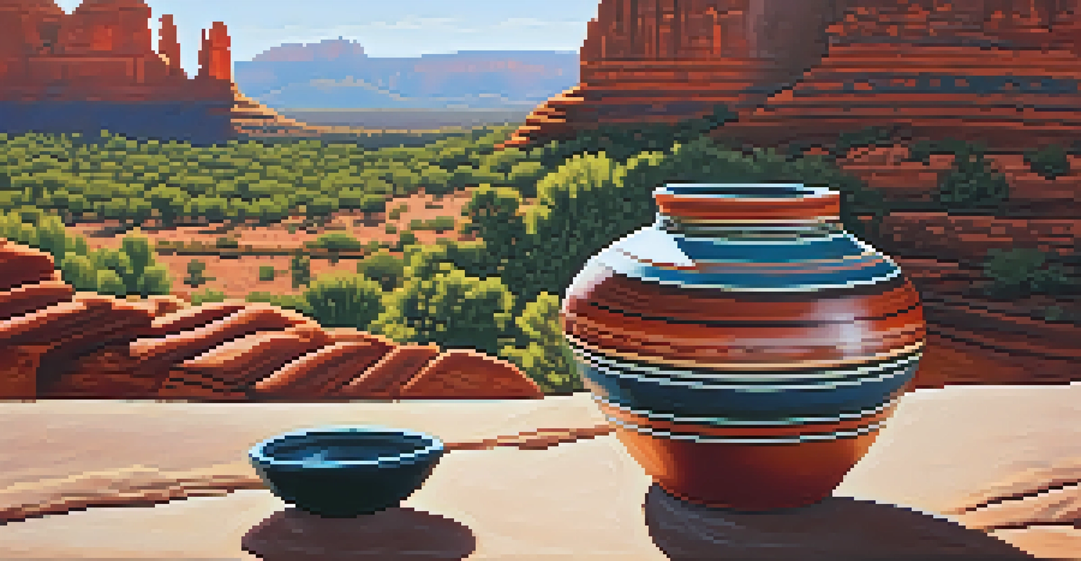 A Native American pottery piece in the foreground with red rock formations in the background.