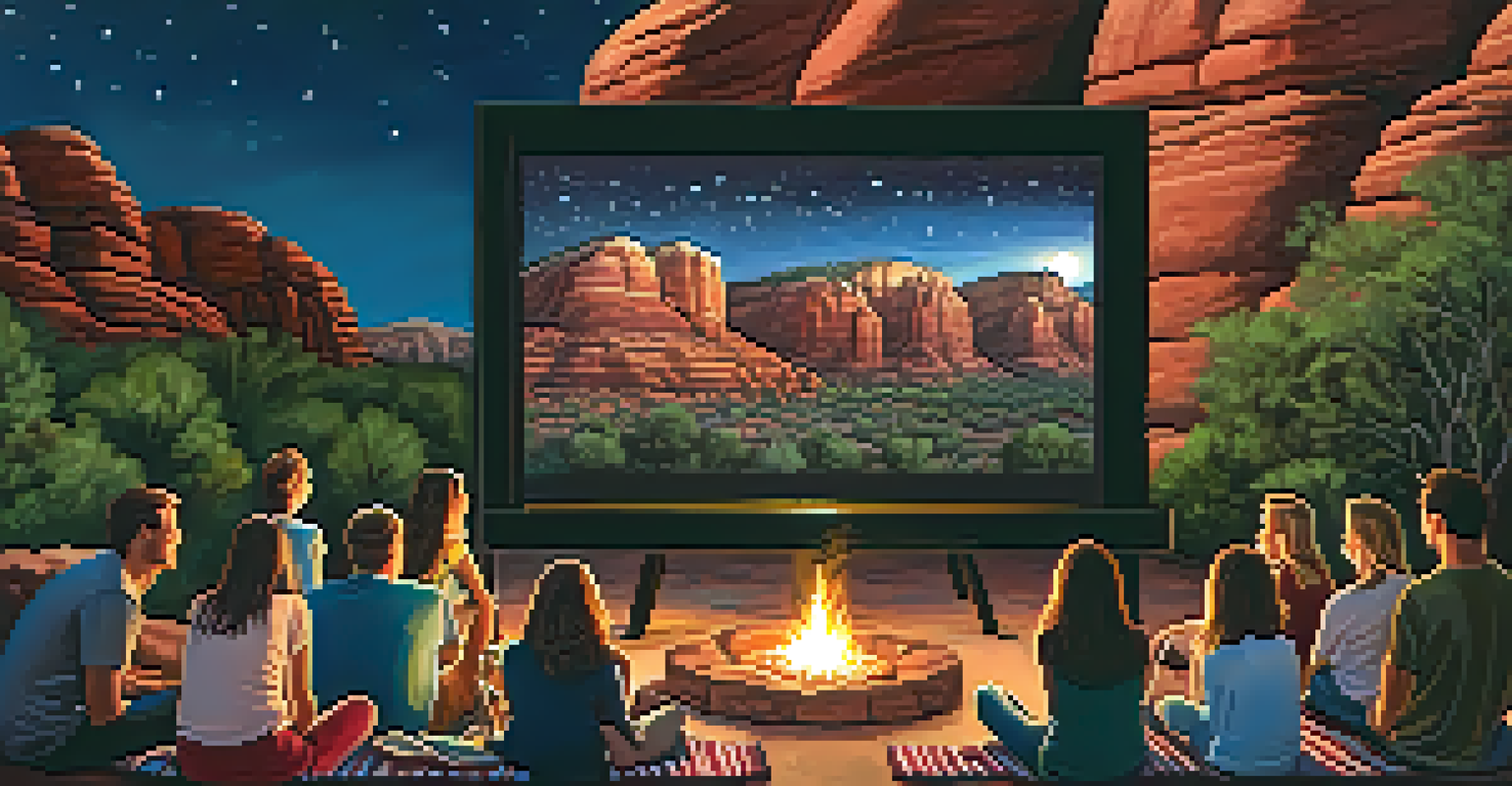 A group of friends enjoying an outdoor movie screening under a starry sky, with red rock formations in the background.