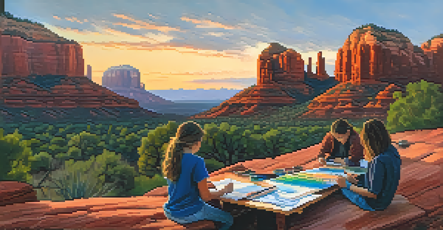 Young artists sketching a stunning Sedona sunset with red rocks in the background.
