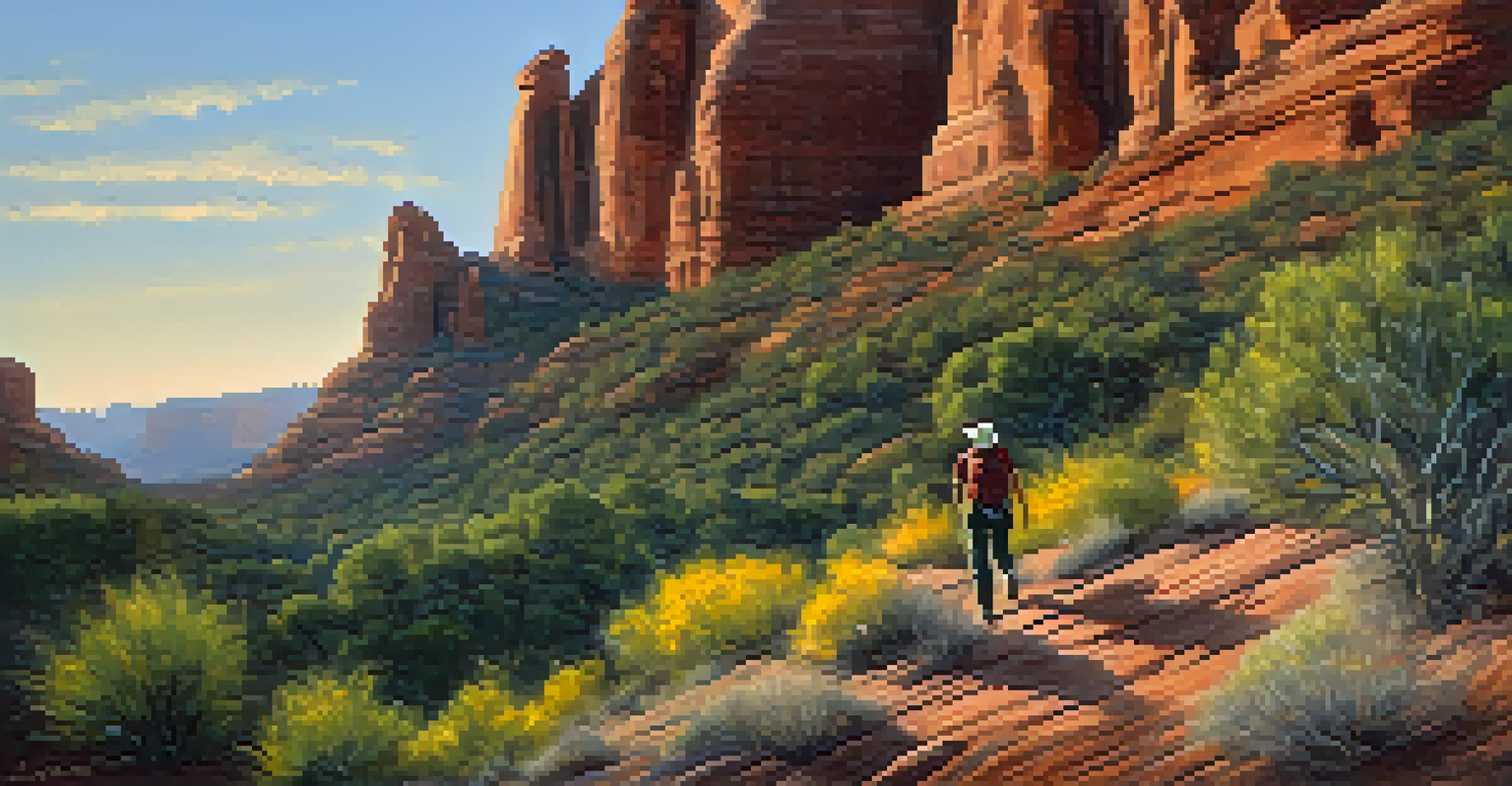A climber getting ready to ascend at The Warrior Path, with morning light illuminating the rocks and flowers in the foreground.