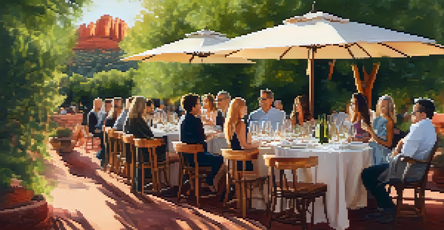 A beautifully arranged table for wine tasting with local wines and cheese, surrounded by greenery and red rock formations.