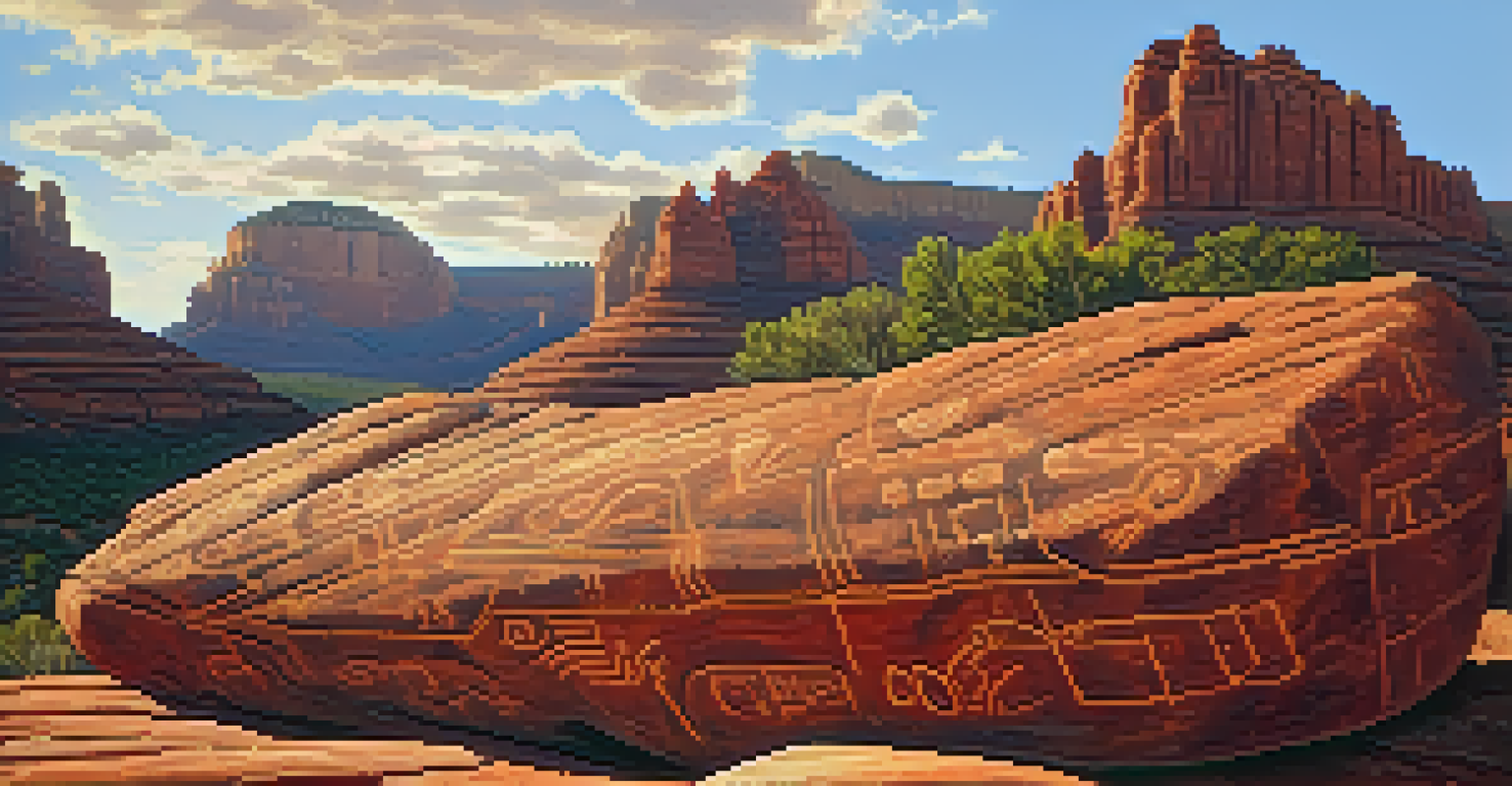 Detailed view of ancient petroglyphs on red rocks in Sedona, illuminated by sunlight.