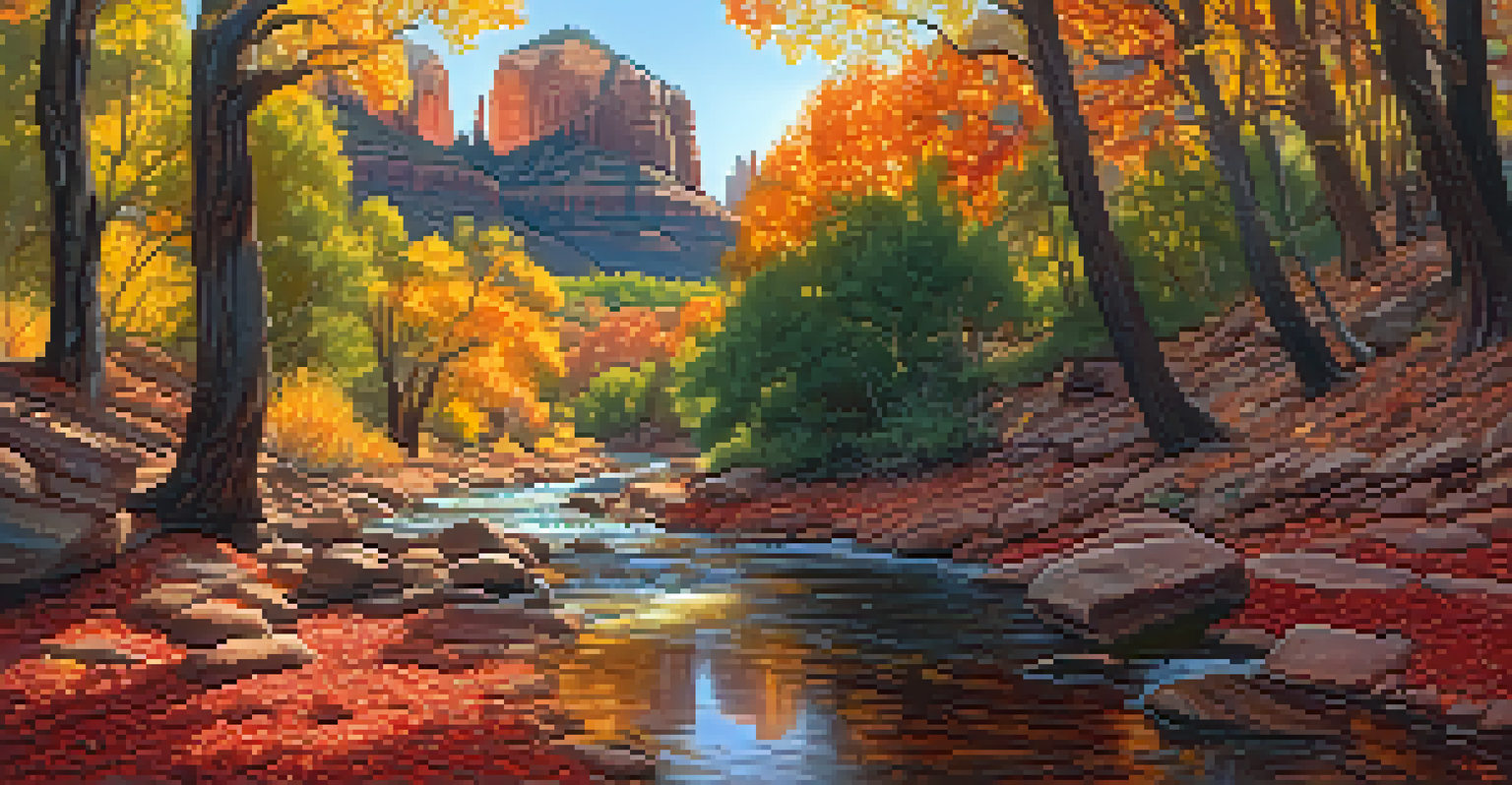 A picturesque autumn scene in Sedona with colorful foliage and red rock formations along Oak Creek Canyon.