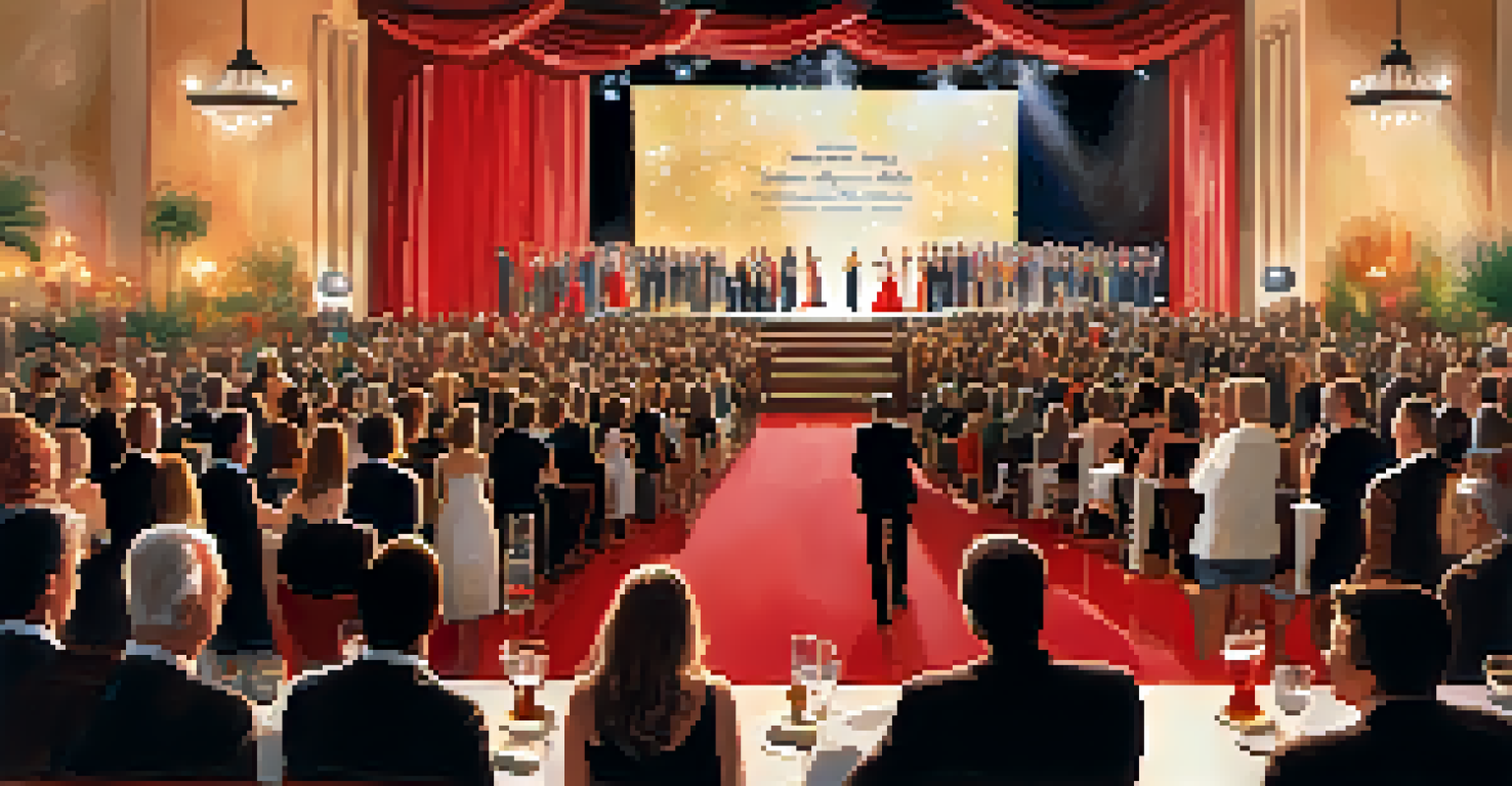 Filmmakers celebrating on stage during the awards ceremony at the Sedona Film Festival, surrounded by an audience and elegant decorations.