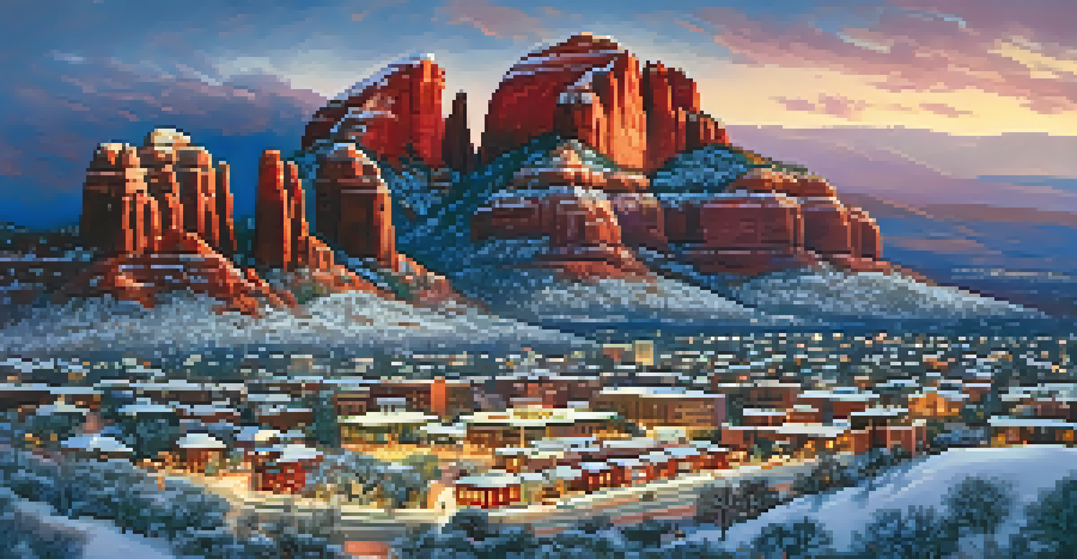 Aerial view of Sedona's red rock landscape in winter, featuring snow-covered rocks and streets adorned with colorful holiday lights under a twilight sky.