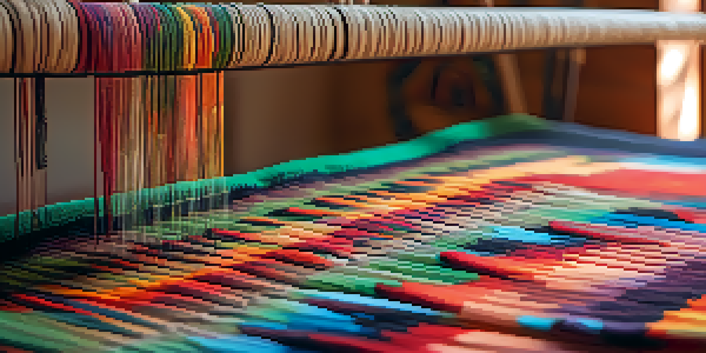 A colorful textile piece on a loom in a bright studio, demonstrating Native American inspired patterns and natural dyes.