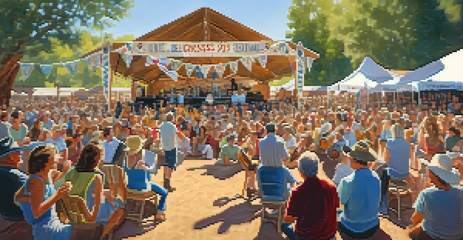 Bluegrass musicians performing on stage at a festival, with an excited crowd dancing and enjoying the music in a sunny setting.