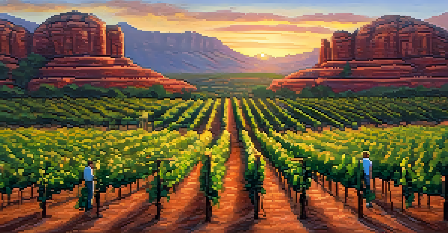 A sunset view of a Sedona vineyard with grapevines and red rocks in the background, featuring people enjoying a wine tasting.