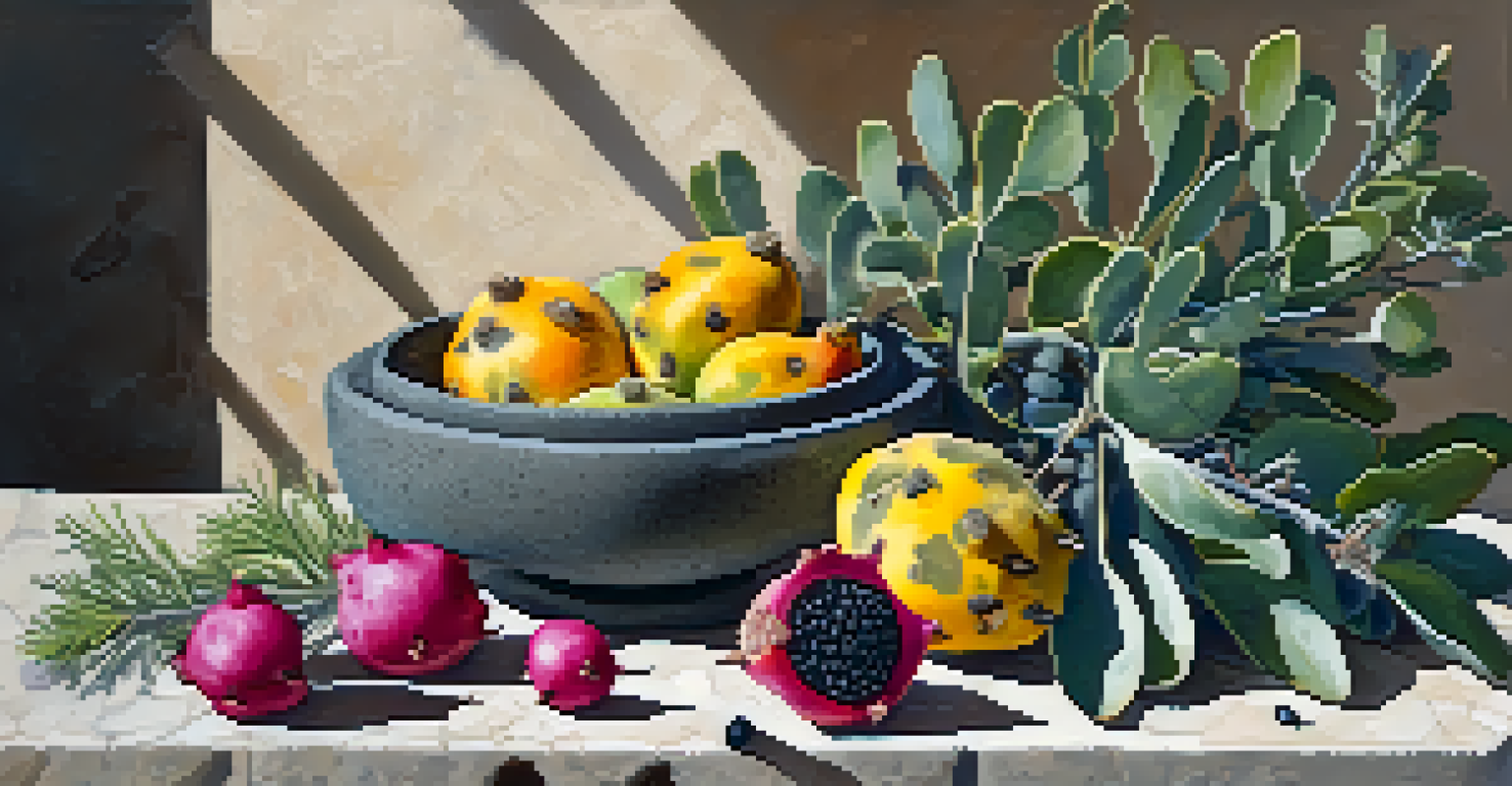 A display of foraged ingredients like prickly pear and juniper berries arranged on a stone surface, showcasing vibrant colors and textures.