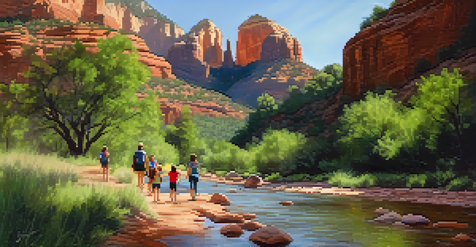 A family hiking on a trail with kids splashing in a creek surrounded by greenery and canyon walls.