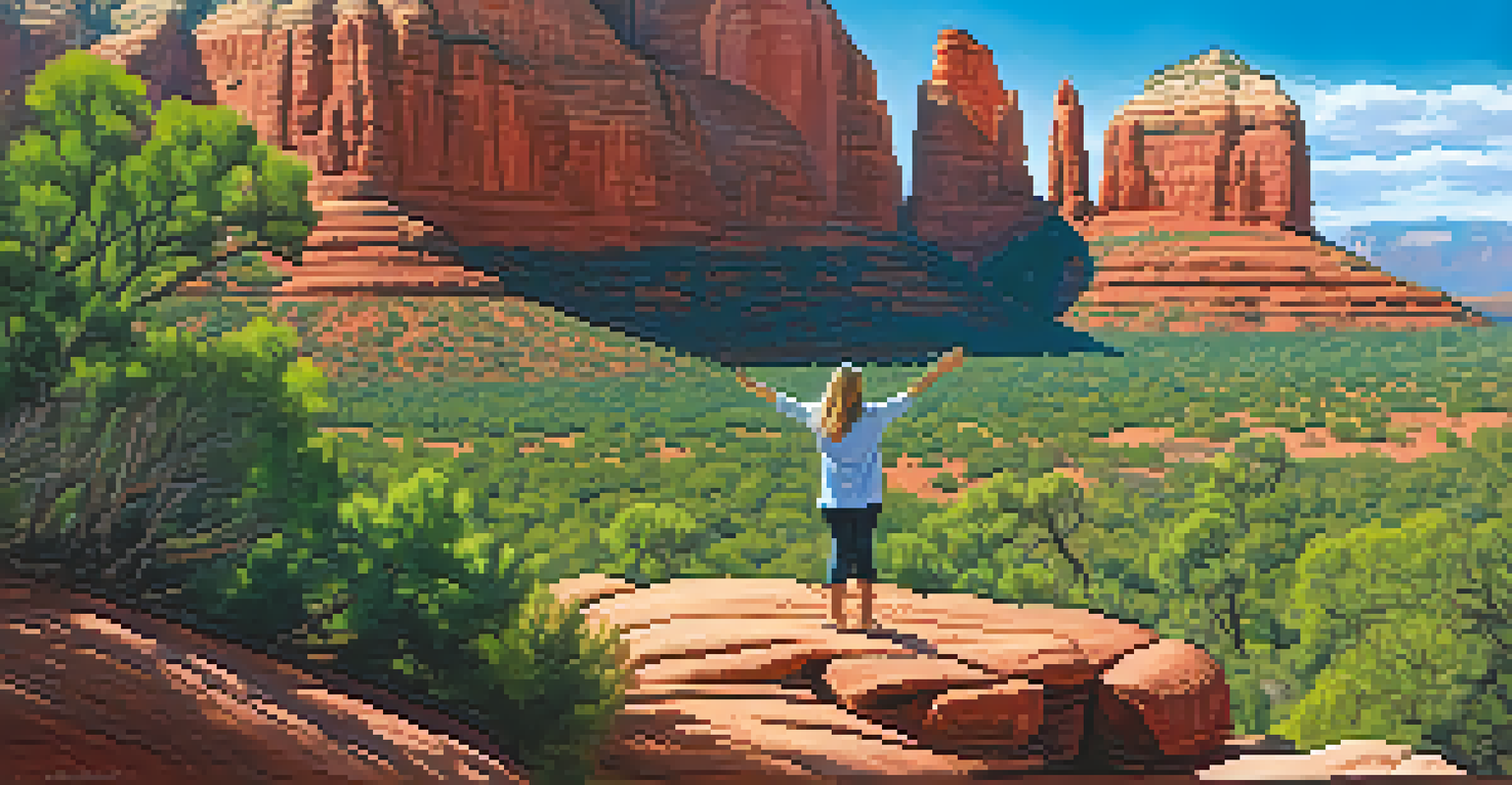 A person standing on a rocky outcrop at a Sedona vortex site, surrounded by red rock formations and greenery under a clear sky.